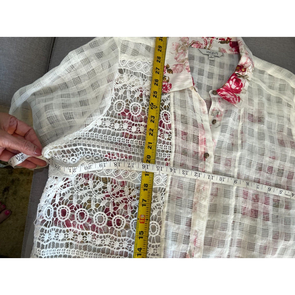White Sheer Lace Floral Crane embroidery button down shirt Art Boho Romantic L - Picture 15 of 16